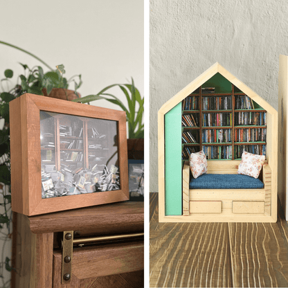 Anxiety Bookshelf and Book Room Bundle. Two miniature bookcases filled with tiny miniature books.