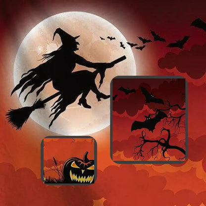 Halloween witch silhouette flying across a full moon with bats and a pumpkin on an orange background.
