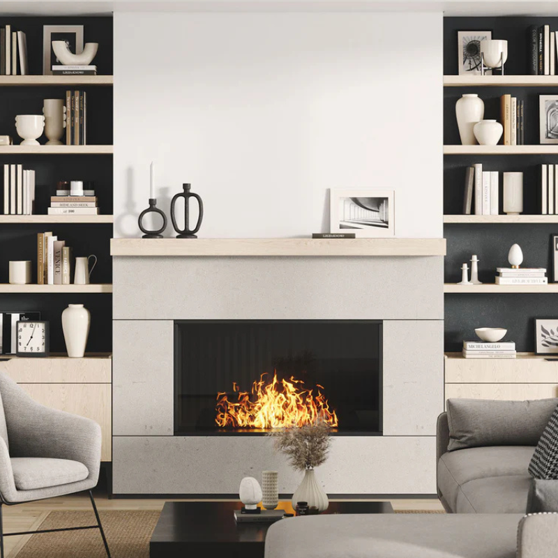 Handmade Canadian Maple rustic box floating shelves are displayed in a living room.