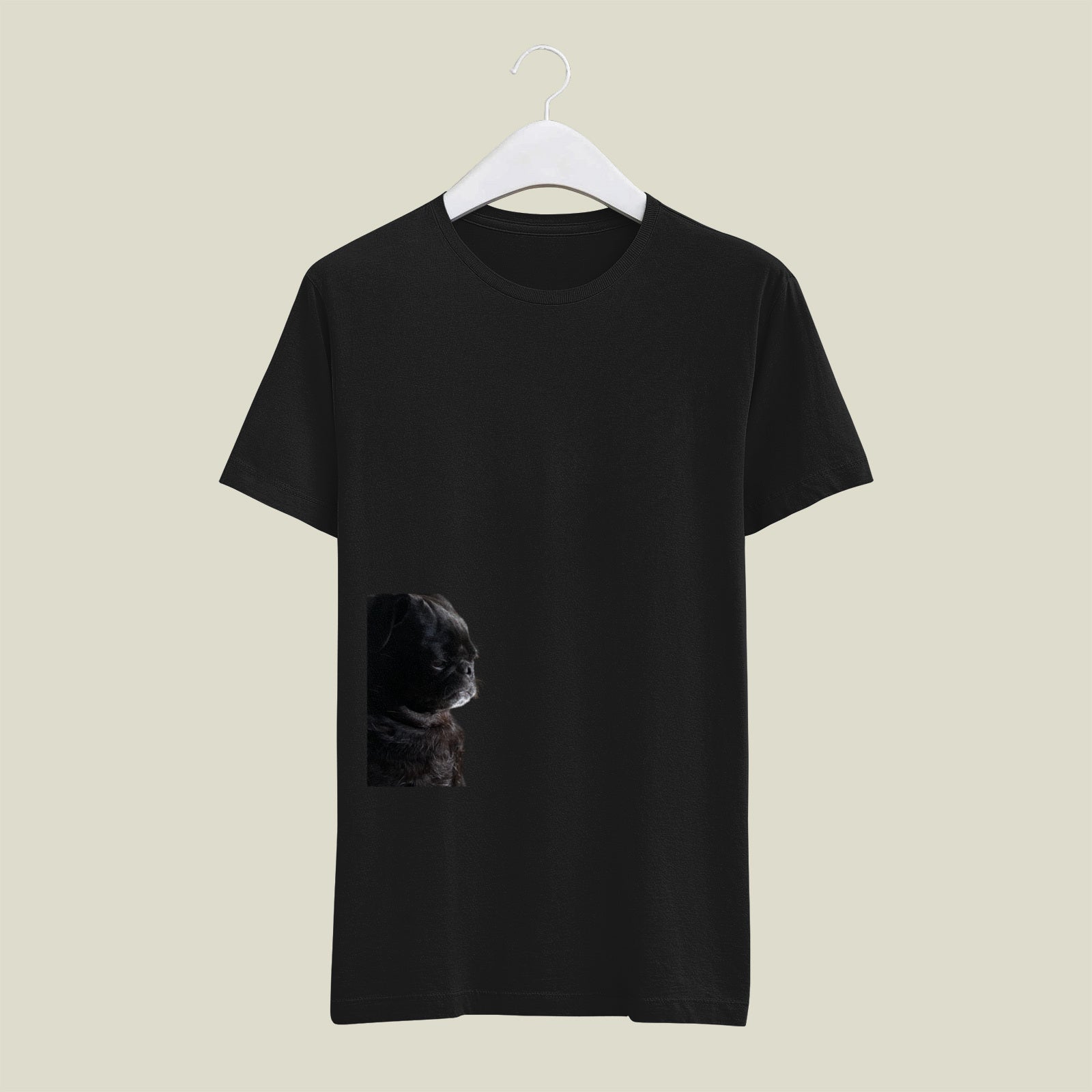 a black pug side profile picture on the bottom left of a tshirt