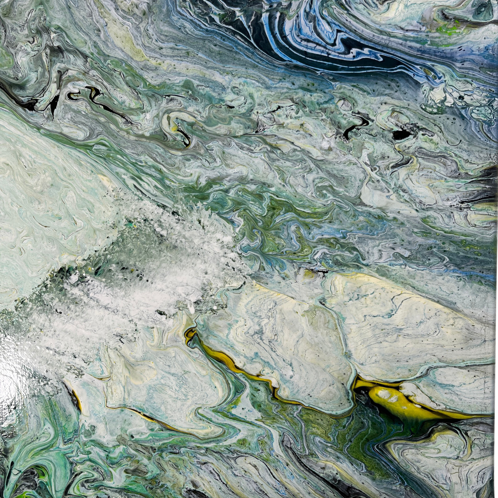 acrylic pour painting featuring cloudy whites, blues and greens, creating a unique skyscape