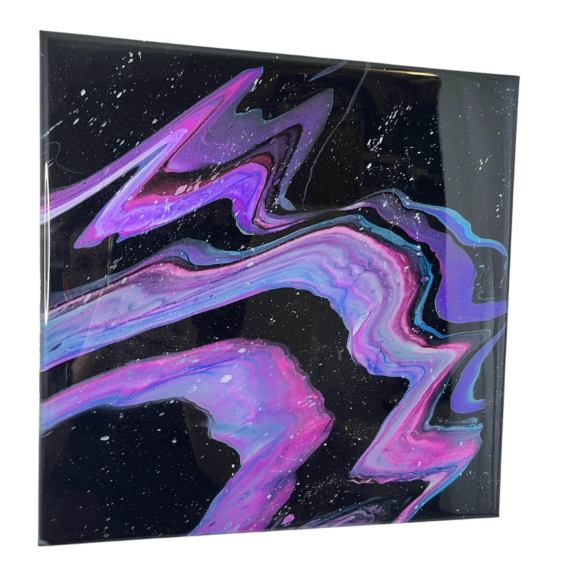 galaxy painting, acrylic fluid art on stretched canvas with epoxy finish side view