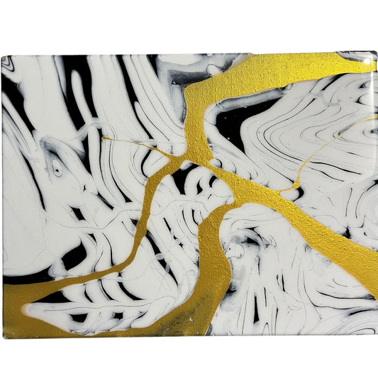 black and white fluid art with golden ribbons flowing throughout