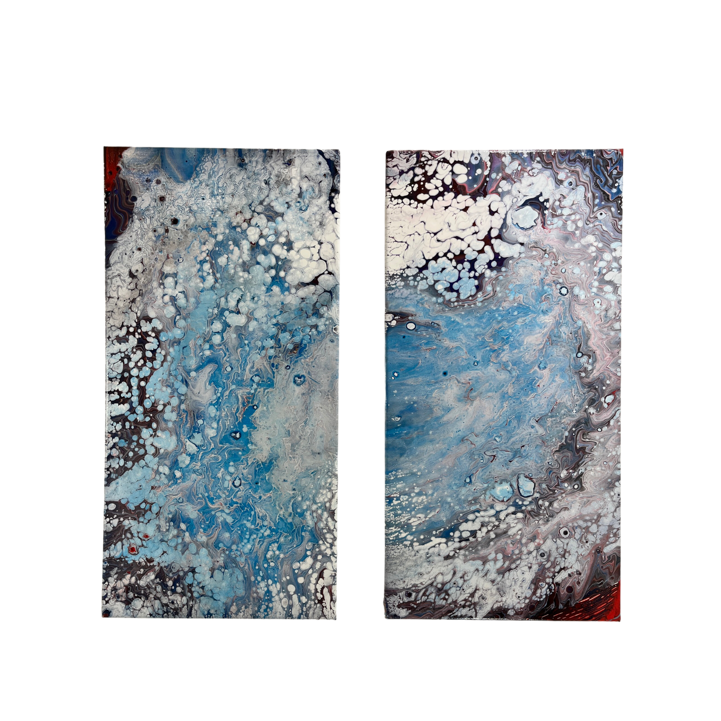 fluid art pour painting diptych that resembles a hurricane 