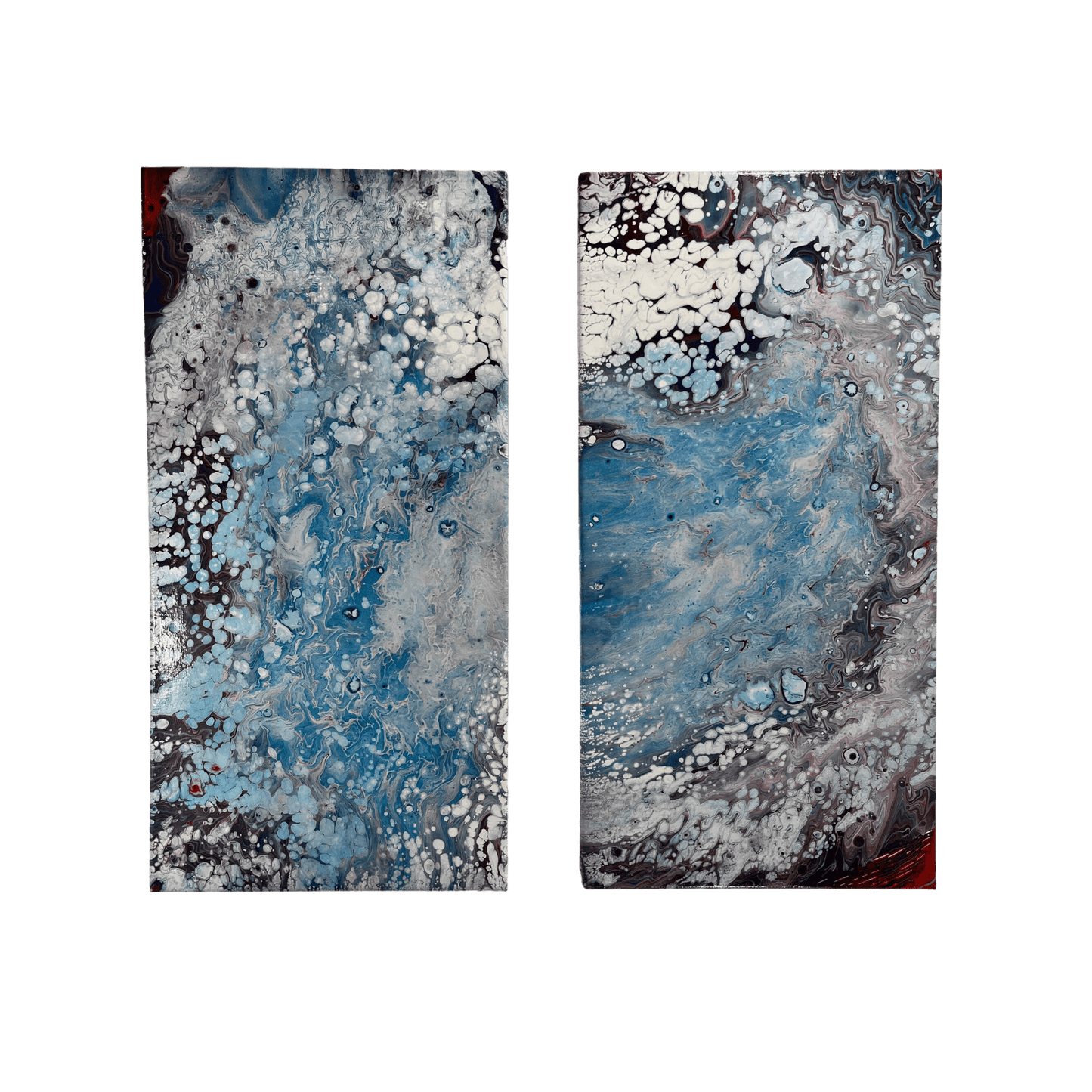 fluid art pour painting diptych that resembles a hurricane 