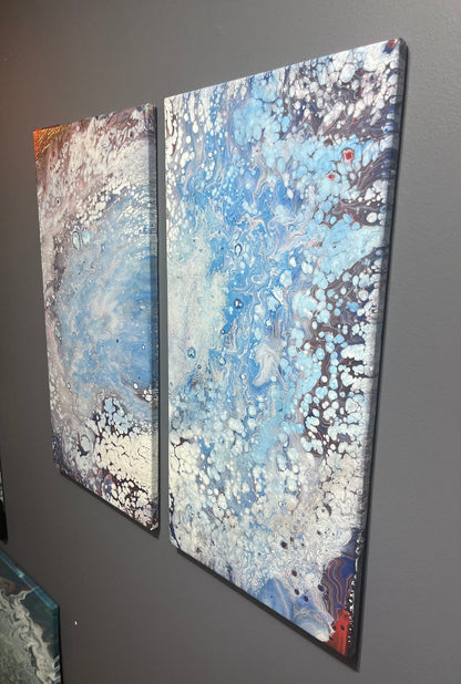 fluid art pour painting diptych that resembles a hurricane 