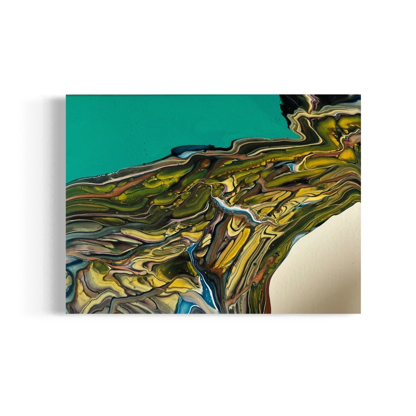 turqoise, blue, white and green cell fluid art