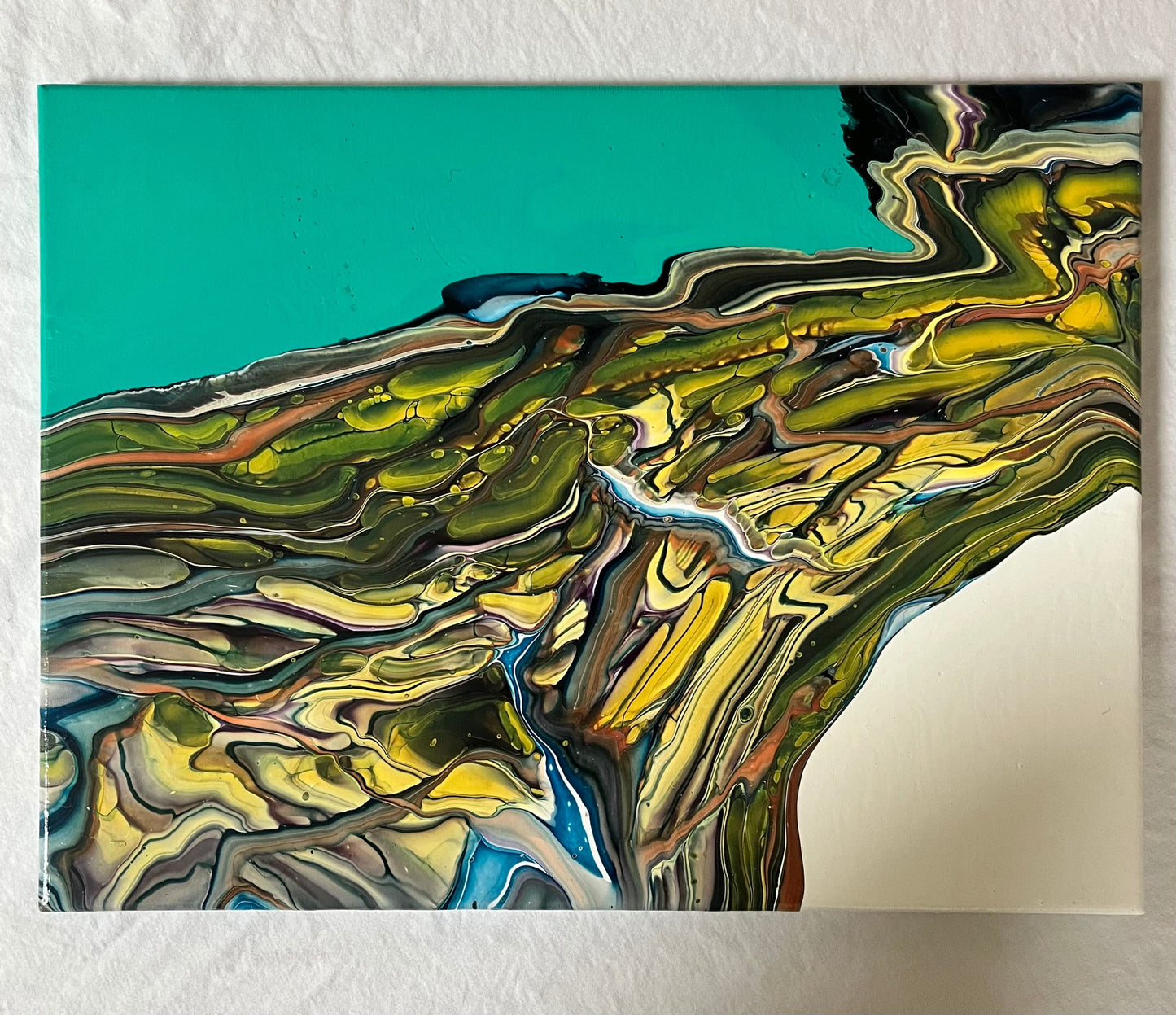 turqoise, blue, white and green cell fluid art