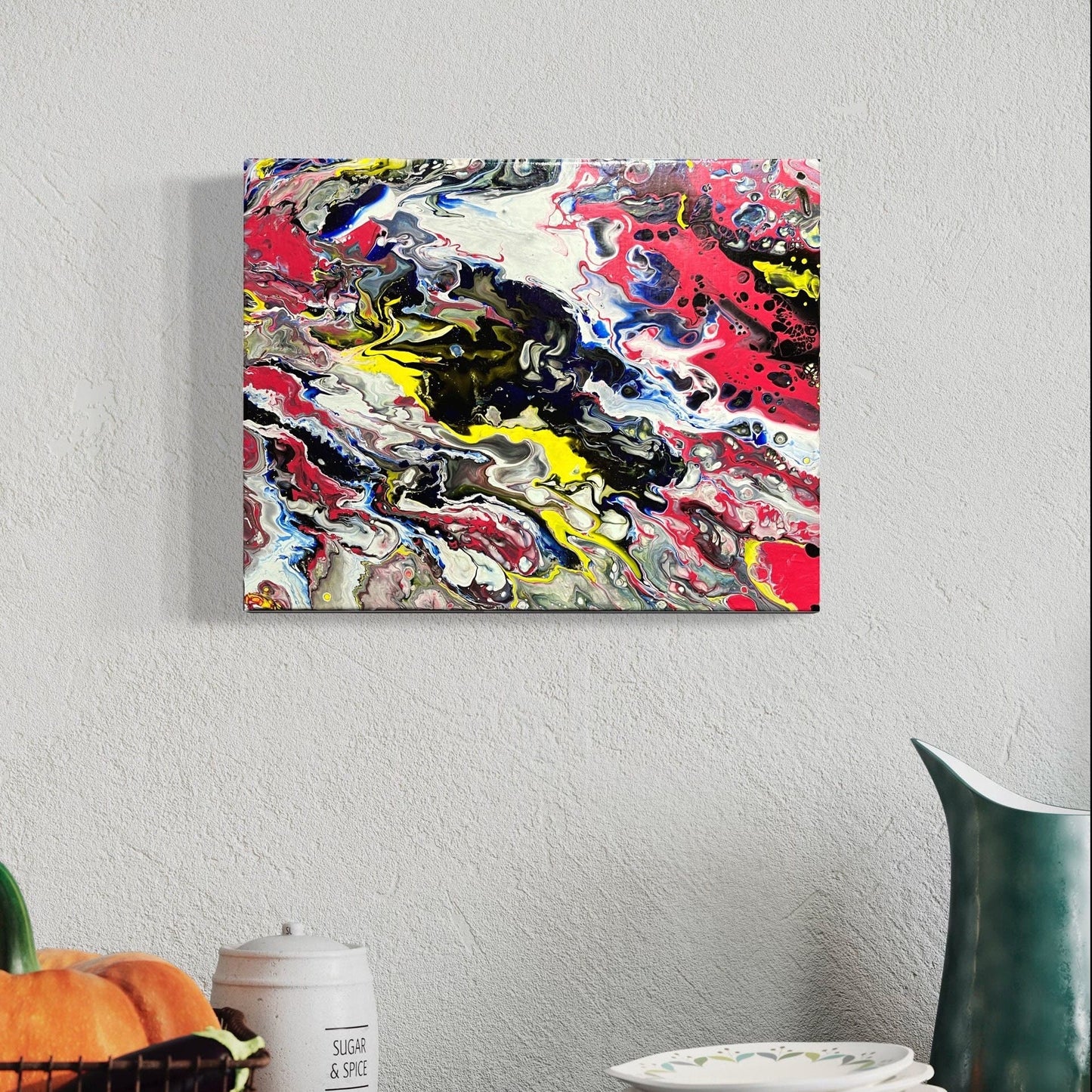 black, white, yellow, and red fluid art creating an abstract image 
