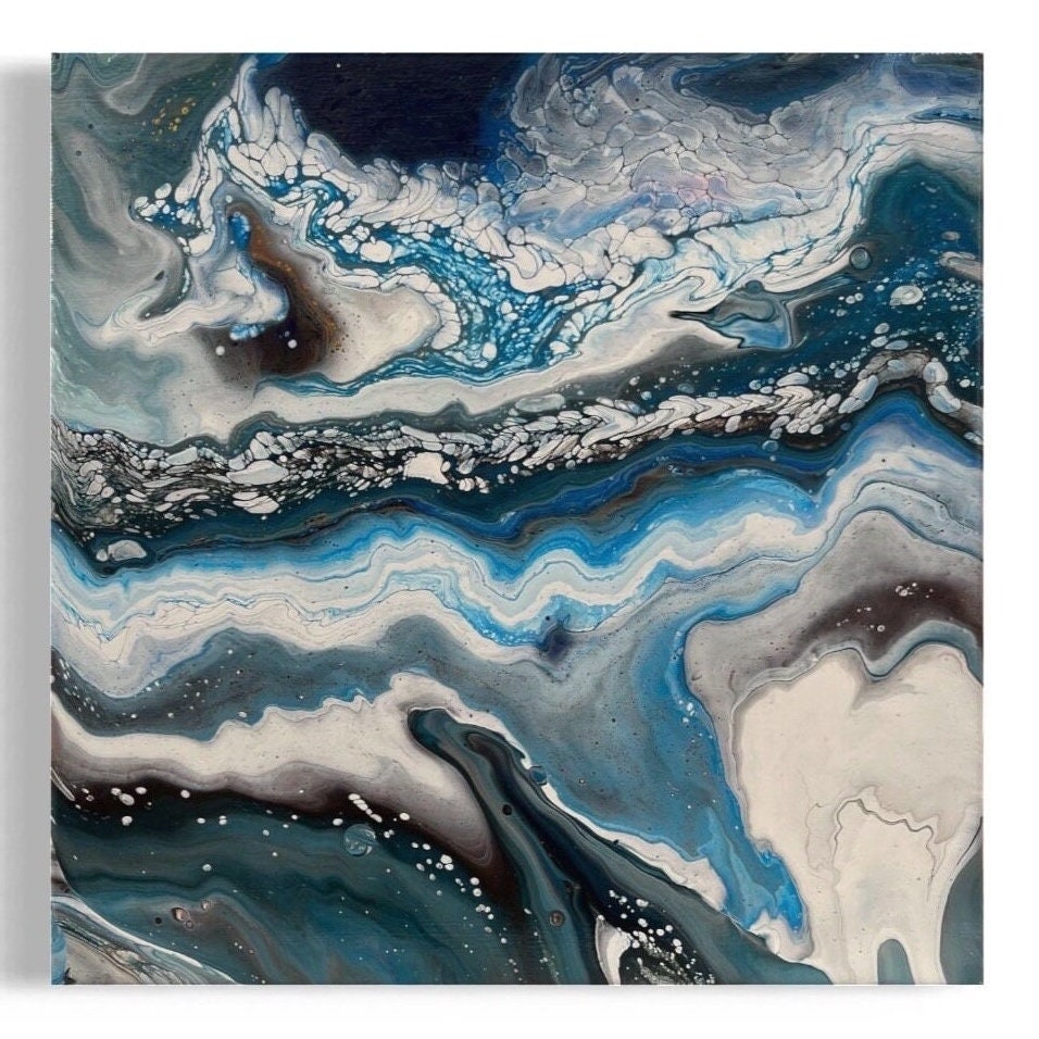 black, white, and blue fluid acrylics creating an icy abstract landscape