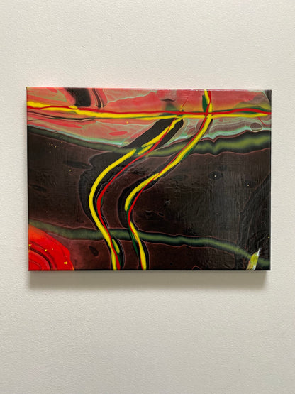 abstract fluid art featuring a black background, with yellow, red and green flowing lines