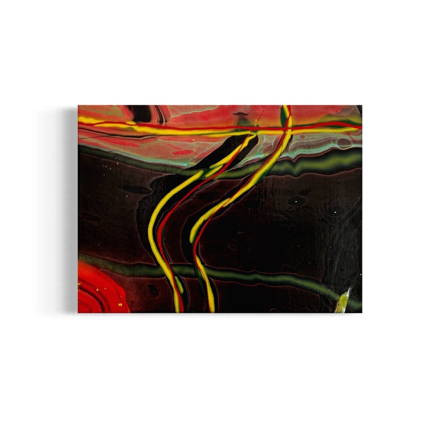 abstract fluid art featuring a black background, with yellow, red and green flowing lines