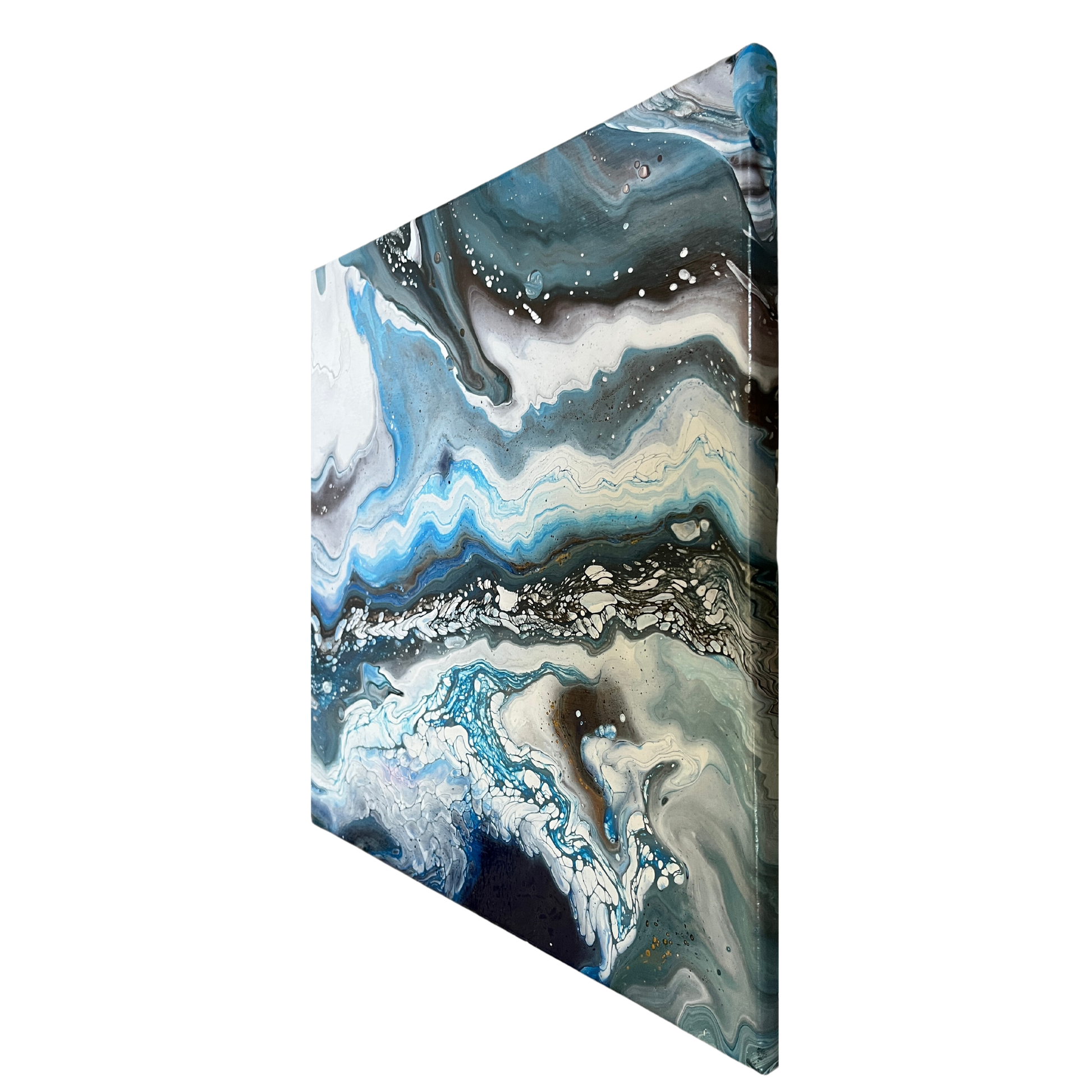 black, white, and blue fluid acrylics creating an icy abstract landscape