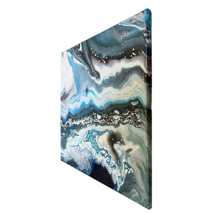 black, white, and blue fluid acrylics creating an icy abstract landscape