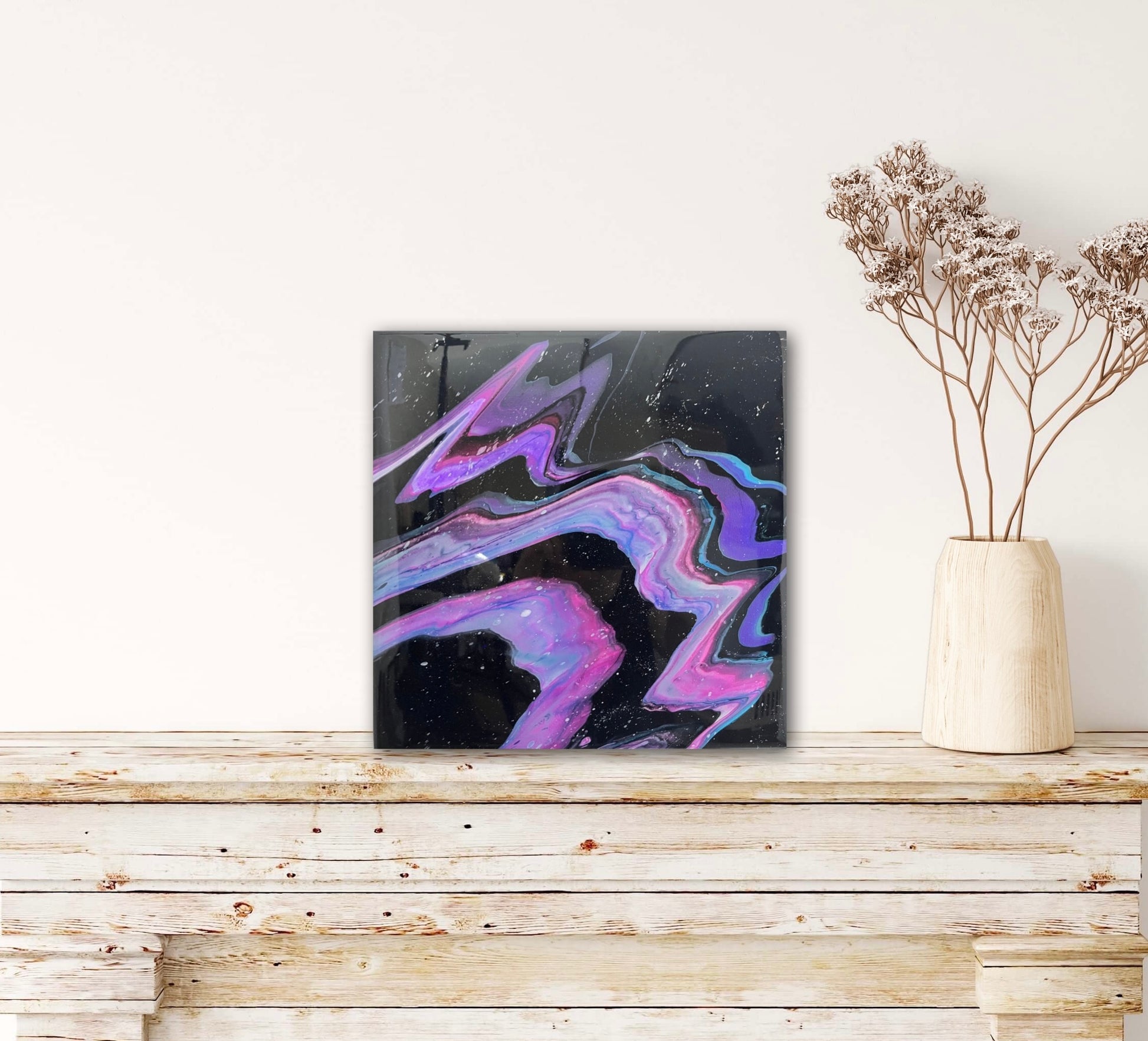 galaxy painting, acrylic fluid art on stretched canvas with epoxy finish