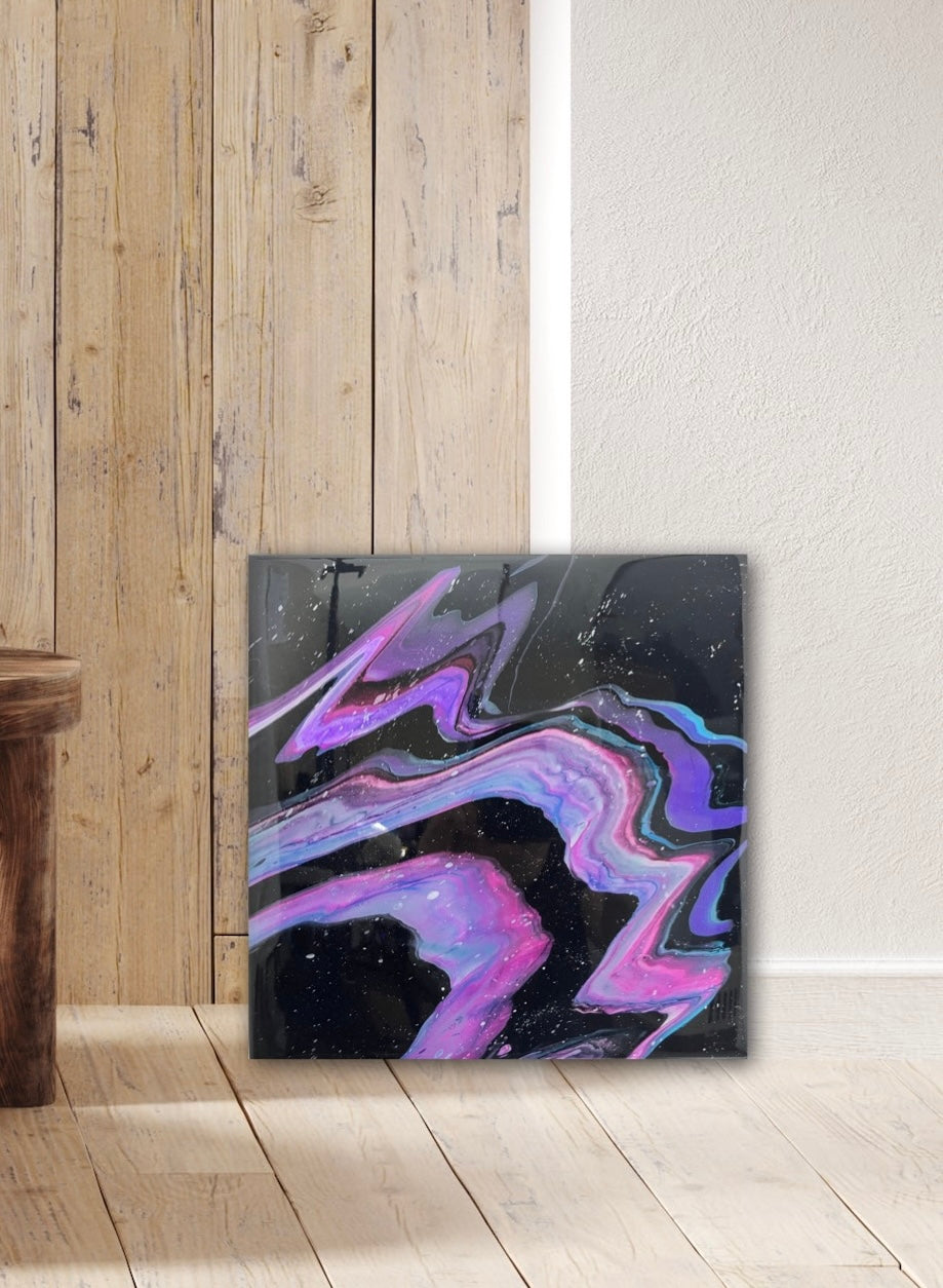 galaxy painting, acrylic fluid art on stretched canvas with epoxy finish