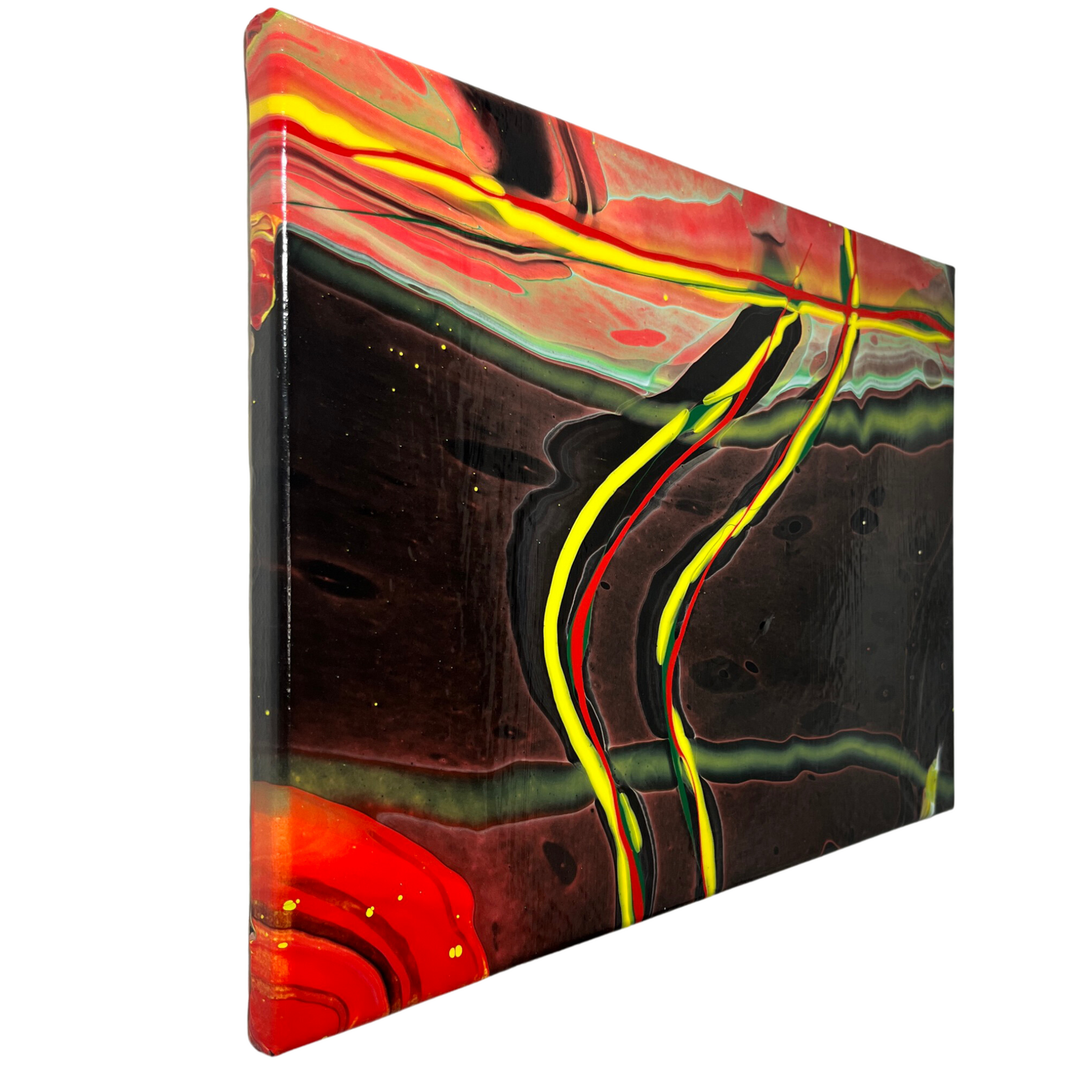 abstract fluid art featuring a black background, with yellow, red and green flowing lines