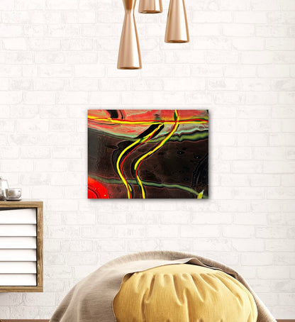 abstract fluid art featuring a black background, with yellow, red and green flowing lines