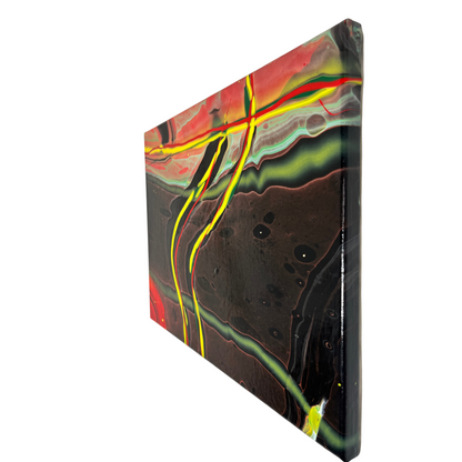 abstract fluid art featuring a black background, with yellow, red and green flowing lines